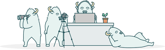 4 Nomad buffalo characters using binoculars and computer to search