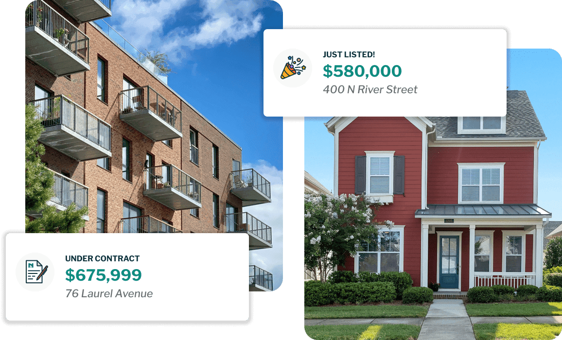 One house with an "Under contract" notification and one house with a "Just listed" notification